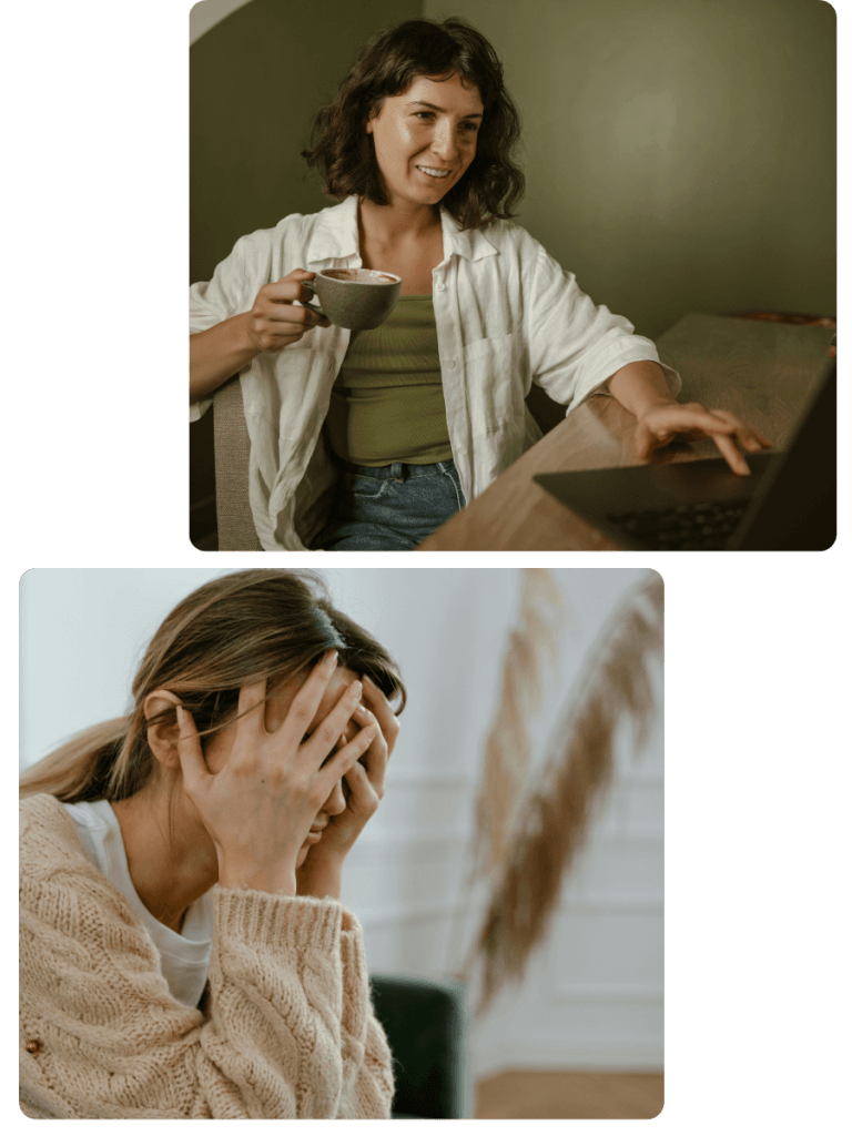 mujer agobiada debajo y mujer haciendo terapia online arriba